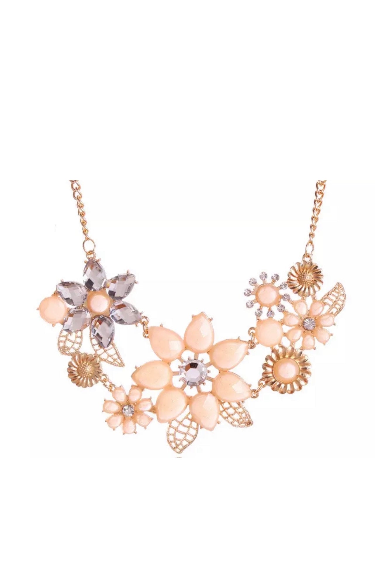 019- Orange and clear rhinestone flower necklace