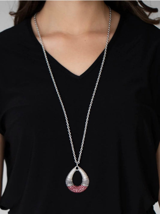 2798 Silver and red rhinestone long necklace